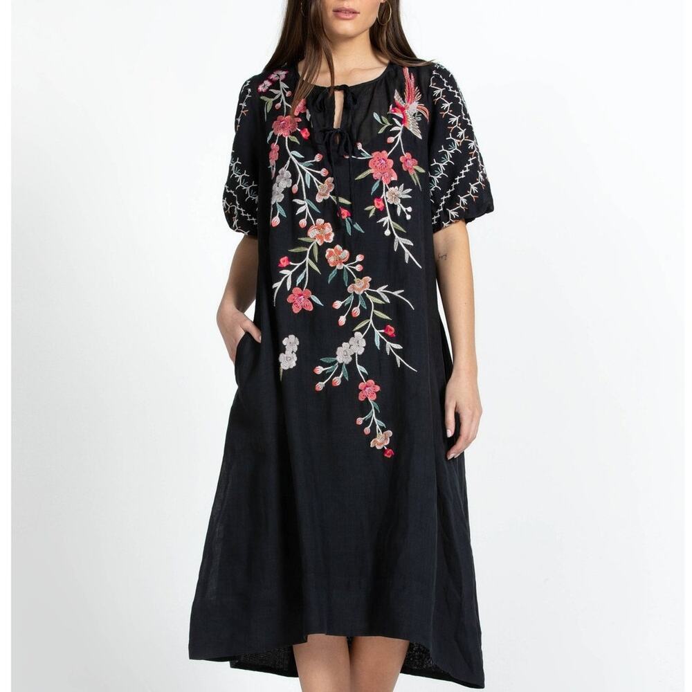 Johnny Was Cherri Embroidered Floral Bird Midi Dress Size L Black Boho Prairie